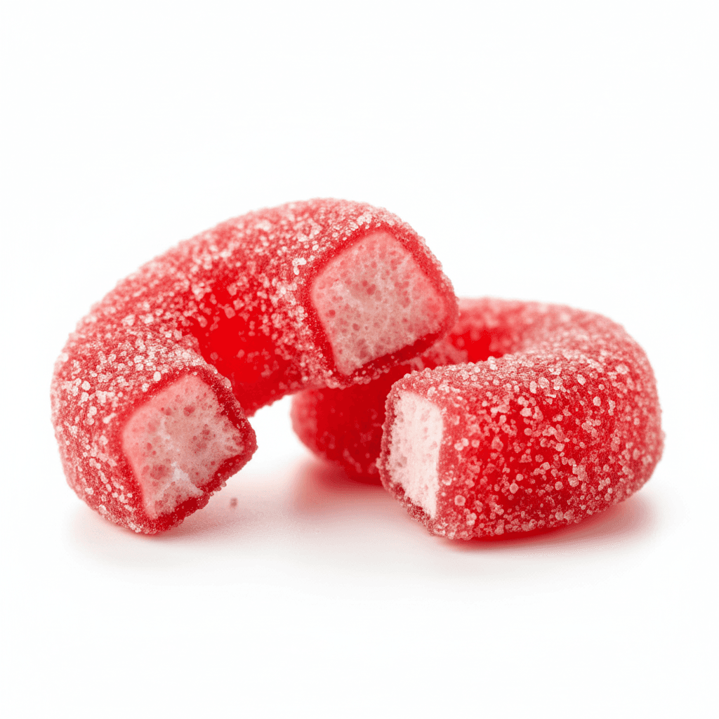 Macro shot of sour strawberry gummy ring halves with sugar crystals