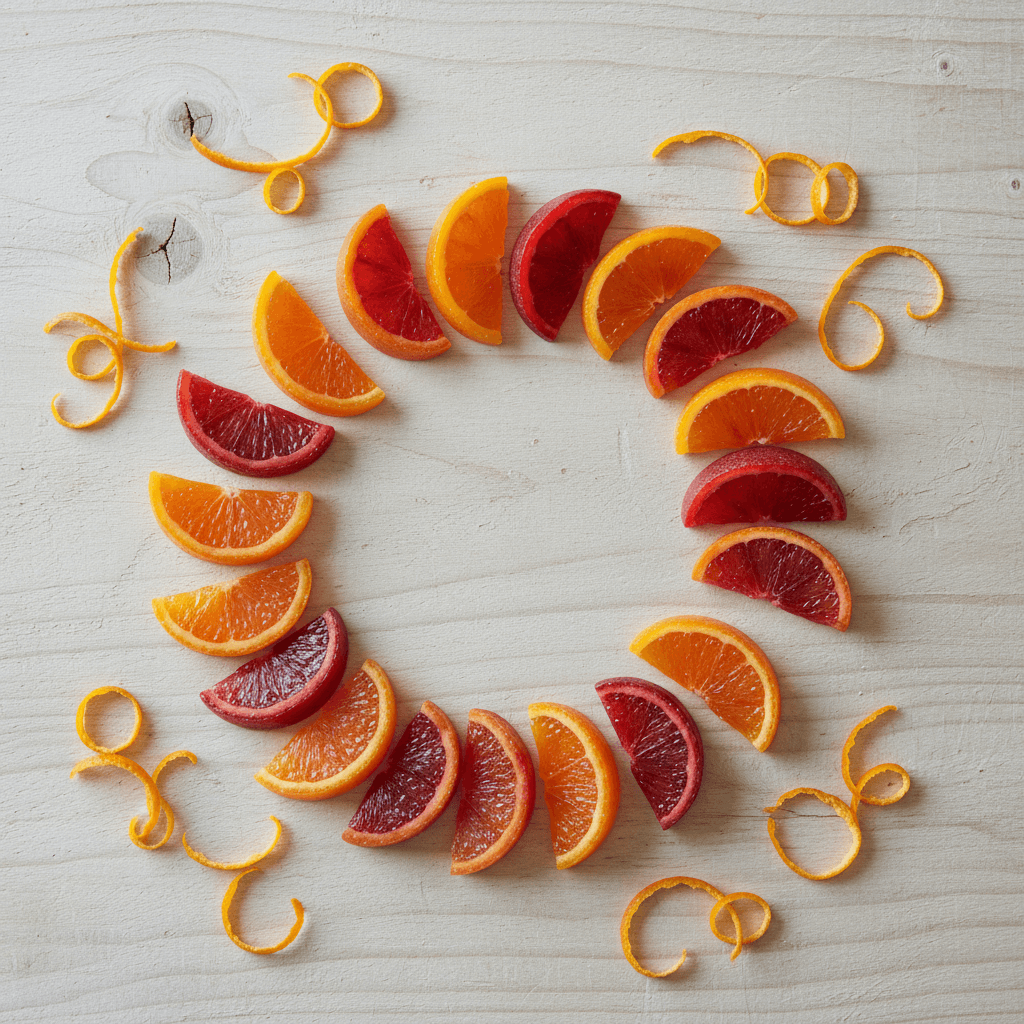 Overhead of blood orange gummy slices on wood with zest curls