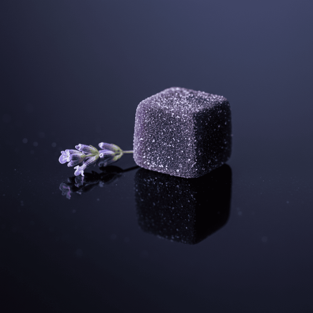 Extreme close-up of blackberry lavender gummy square with lavender bud