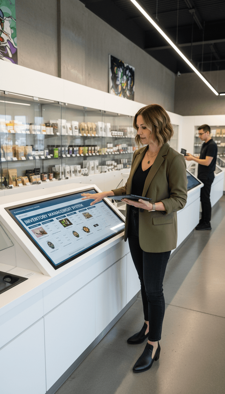 Dispensary manager reviewing product inventory