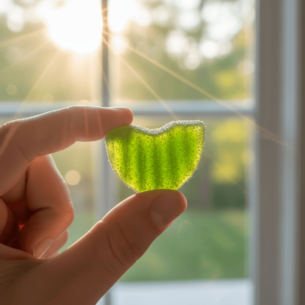 Hand holding green apple gummy wedge in morning-lit kitchen