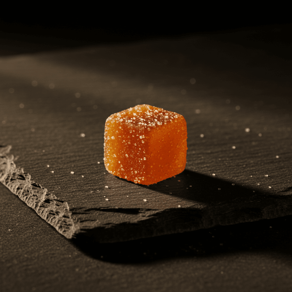 Close-up of a mango gummy cube on dark slate with amber lighting