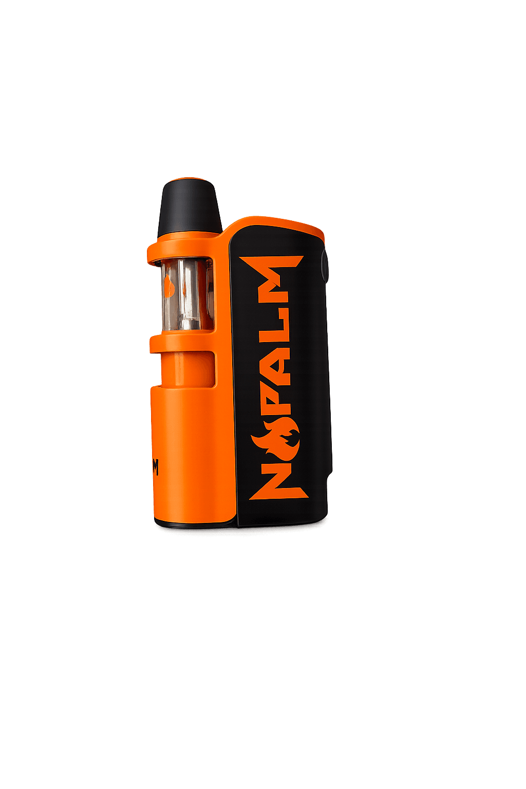 Black and orange Napalm portable vaporizer featuring a clear cartridge and bold vertical orange lettering.
