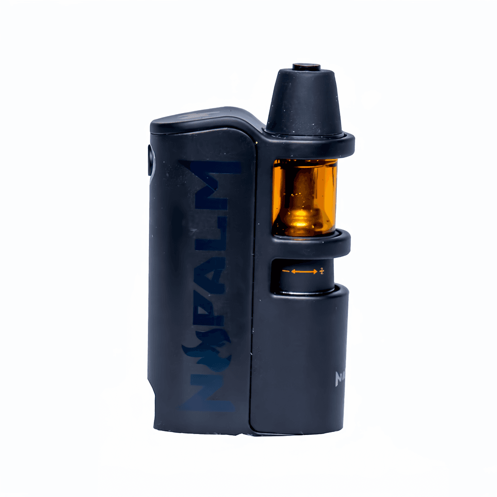 Matte black Napalm vape battery with an amber oil cartridge on a white background.