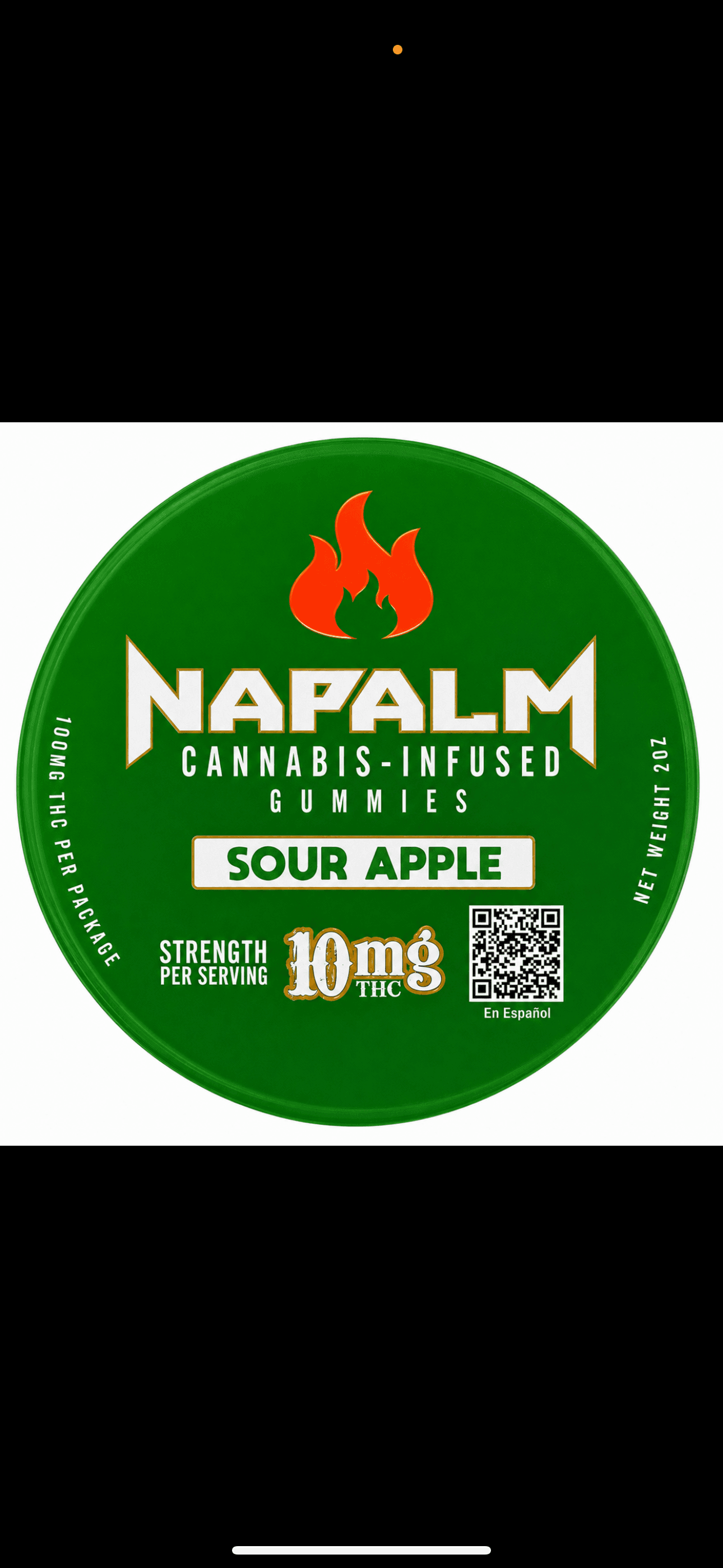 Green circular label for Napalm sour apple cannabis-infused gummies with flame logo and 10mg THC.