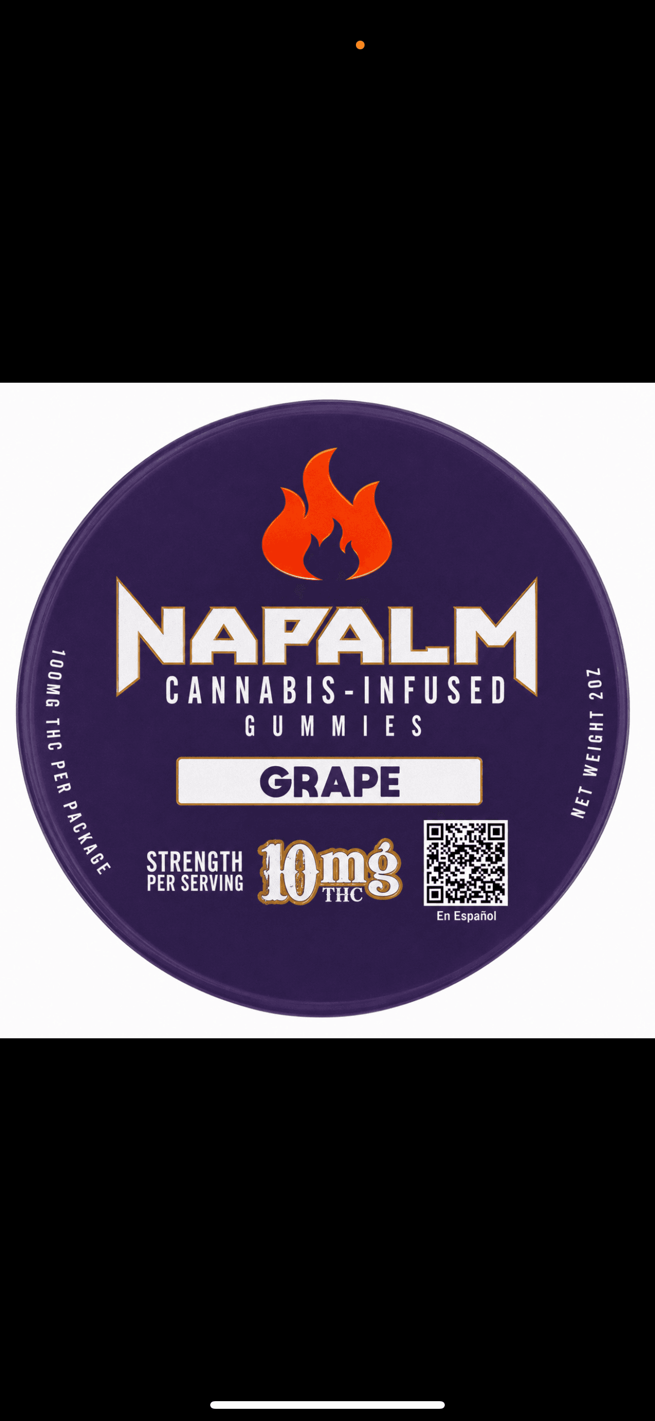 Circular purple label for Napalm grape cannabis-infused gummies, 10mg THC per serving, flame logo.