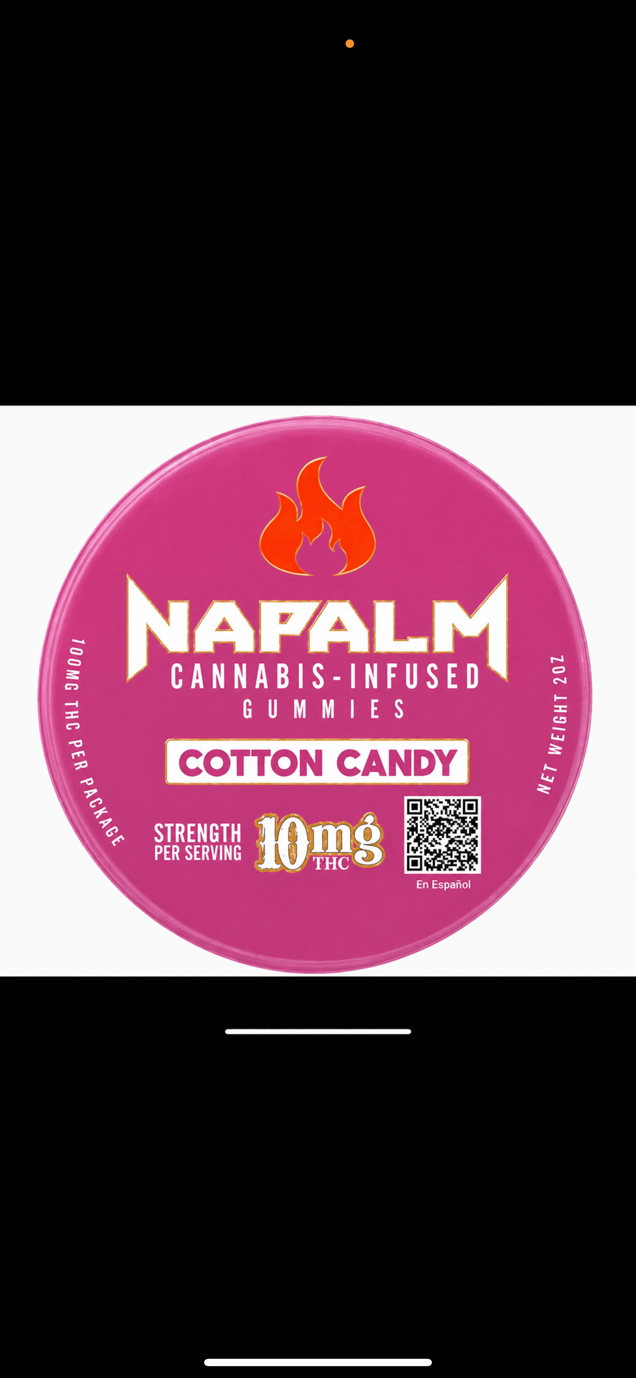 Pink circular lid for Napalm cotton candy cannabis-infused gummies with 10mg THC per serving.