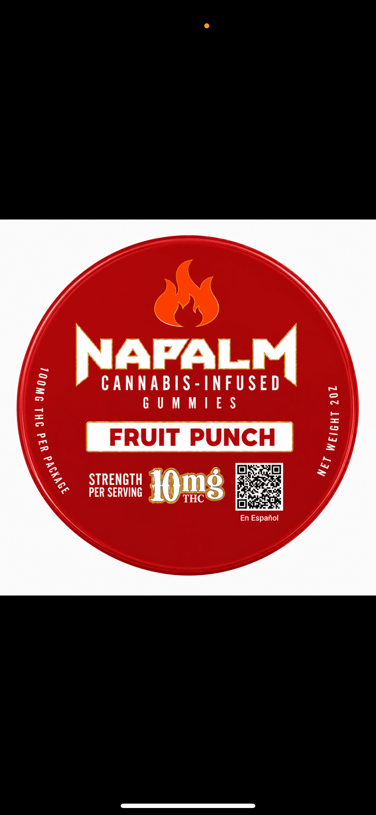 Red circular label for Napalm fruit punch cannabis-infused gummies, showing 10mg THC per serving.