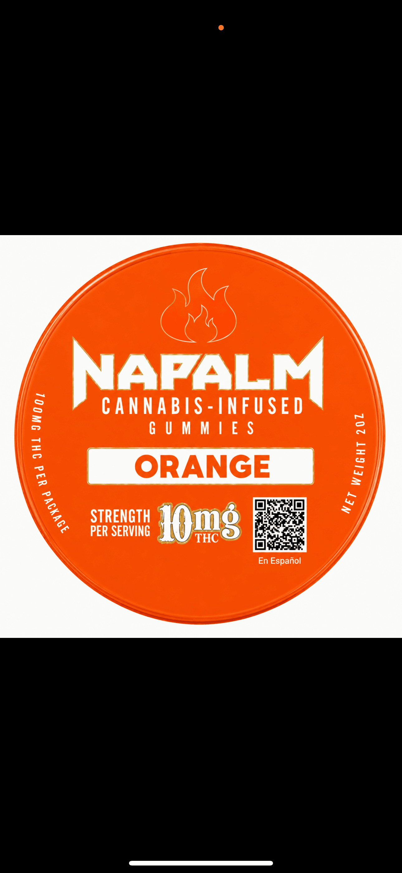 Circular orange Napalm label for orange cannabis-infused gummies, showing 10mg THC strength per serving.