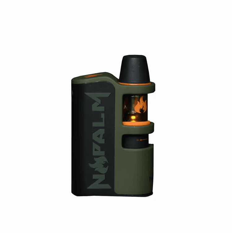Olive green and black Napalm vape battery with an orange flame logo and visible cartridge.